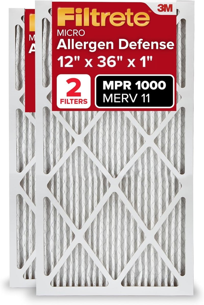 FILTRETE 12x36x1 AC Furnace Air Filter, MERV 11, MPR 1000, Micro Allergen Defense, 3-Month Pleated 1-Inch Electrostatic Air Cleaning Filter, 2 Pack (Actual Size 11.69 x 35.69 x 0.81 in) - Image 1
